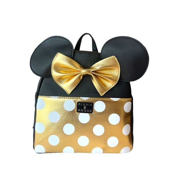 Disney Minnie Mouse Ears Black & Gold Polka Dot Mini Backpack NWT - Picture 1 of 10